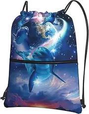 EdWal Galaxy Dolphins Print Drawstring Backpack Gym Bags Sports Bags With Zipper Pocket For Travel Swimming Beach, Black, One Size