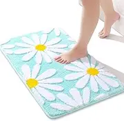 QJHOMO Green Bathroom Rug Cute Daisy Bath Mat White and Yellow Flower Decor Rugs Non Slip Floor Carpet Microfiber Bathmat Super Absorbent Machine Washable Bathtub Mats for Shower (16x24 inch)