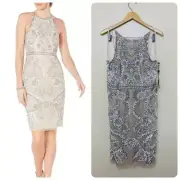 $219 Adrianna Papell Embellished Sequined Halter Sheath Dress Size 14M Biscotti