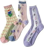 [Starella] Womens Summer Sheer Socks Mesh Cute Floral Dress Sock Transparent Nylon See Through Stockings 3 Pairs