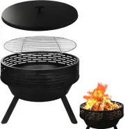 23 Inch Cast Iron round Fire Pit with Grill, 3-In-1 Outdoor Fire Bowl, Fire Pit