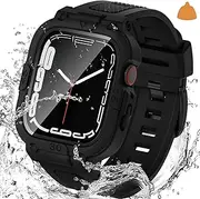Goton 3 in 1 Waterproof Case and Band with Tempered Glass Screen Protector for Apple Watch Series 9 8 7 6 5 4 SE Ultra 44mm 40mm 45mm 41mm 49mm, Hard PC Front&Back Bumper Cover for iWatch Accessories