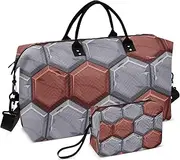 Brown and Gray Hexagonal Pattern Large Bag Carry on Bag Sports Tote Gym Bag with Toiletry Bag for Sports 2 Pcs Set, Brown and Gray Hexagonal Pattern, 1 size