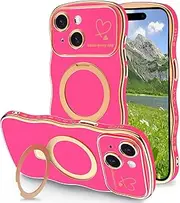 TNQBP Case for iPhone 15 with Magnetic Stand, Luxury Plating Curly Wavy Frame and Cute Heart Pattern, Lens Edge Raised Protection, Slim Shockproof Soft Case for iPhone 15-Rose Red