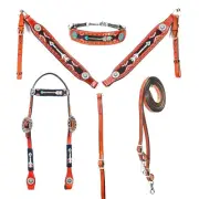 western Leather Equestrian Tooled Beaded Headstall,Breast Collar & Reins. (H065)