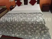 Pretty Indian Kantha Hand Block Print Grey Floral Jaipur Razai Quilt Queen Size