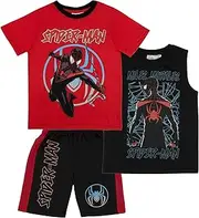 [Marvel] Avengers Spider-Man Black Panther Miles Morales Boys Superhero Short Sleeve T-Shirt, Tank Top and Mesh Shorts Set