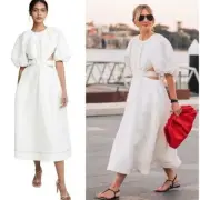Aje Mimosa Puff Sleeve Midi Dress Linen Blend White NEW with Tags