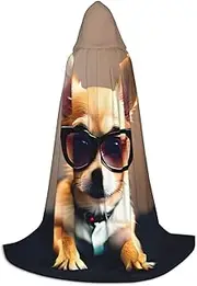 SKKNT Chihuahua Dog Glasses 1 Print Halloween Hooded Cloak Full Length Cape With Hood For Men And Women For Carnival