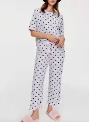 NEW PETER ALEXANDER POLKA DOT SPOT GREY WAFFLE PJ TOP & PANTS SET M RRP$139.90