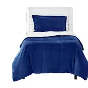 Navy Blue Ultra Soft Sherpa Comforter Bed Set