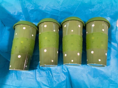 Temp-Tations Tumbler Set 4 Green Polka Dots 12oz Travel Cups Silicone Lids Gift