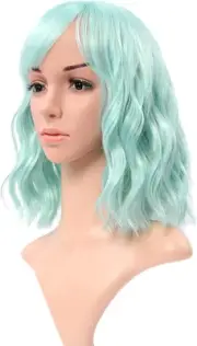 Natural Wavy Wig with Air Bangs, Light Green, Colourful Short Bob Wigs for Women