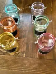 NEW- Mason Jar Style Colored 6-Piece Glasses With Handle & chalkboard label
