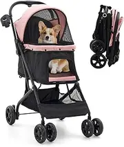 Romiromi Dog Stroller, 4 Wheels Easy-Fold Cat Pet Stroller with Storage Basket & Cup Holder, Easy to Walk Travel Carrier for All-Season, Pink