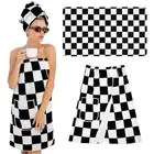 2 Pcs Checkered Bath Shower Wrap with Hair Towel, Black and White Checkerboar...