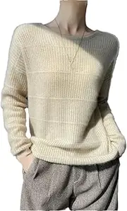 [Generic] Women Round Necked Hollow Sweater Women's Long Sleeved Loose Solid Color Warm Wool Knit Pullover