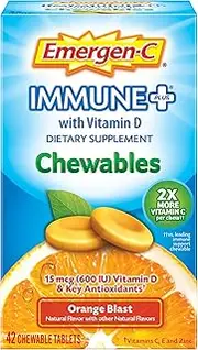 Emergen-C Immune+ Chewables System Support Dietary Supplement Tablet With 600 IU Vitamin D (Orange Blast Flavor, 42 Count)