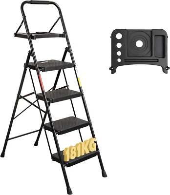 4 Step Ladder with Wide Anti-Slip Pedals, Folding Step Stool Capacity 181KG, Spo