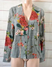 Boohoo Hina Floral Check Woven Top Shirt Size 10 Black White Red Long Sleeve New