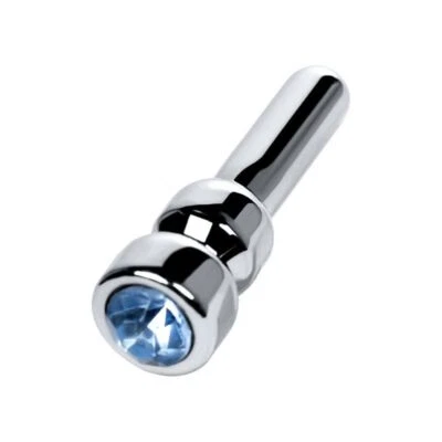 Metal Silver Metal Urethral Plug w Sapphire Rhinestone Small