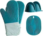 Extra Long Oven Mitts and Pot Holders Sets: Heat Resistant Silicone Oven Mittens with Mini Oven Gloves and Hot Pads Potholders for Kitchen Baking Cooking Quilted Liner Green Pack of 5