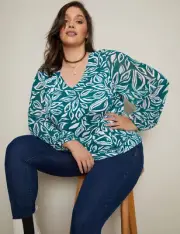 BNWT AUTOGRAPH Size XXL Green Leaf Print Top Stretch Knit Mix Media
