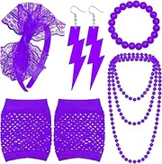 [Ronglry] 80s Neon Accessories for Women 80's Lace Headband Neon Earrings Fishnet Gloves Necklace Bracelet for 80's Outfit Glow Party Accessories Neon Jewelry Set Women's 80s Costume Accessories Set