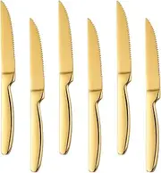 Stainless Steel Serrated Steak Knife Set of 6, BuyGo Gold Color Heavy Duty Dinner Table Knives for Cutting Meat, Beef, 8.6 Inch, Dishwasher Safe