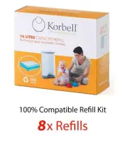 Korbell Nappy Disposal 8 REFILLS for 16L Bin - 100% Compatible Kit