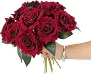 cn-Knight 12pcs Velvet Rose Artificial Flowers,12 Inch Artificial Rose with Stem and Leaves, Velvety Flowers for Home Decor Centerpiece,DIY Bouquet Supply,Burgundy Color