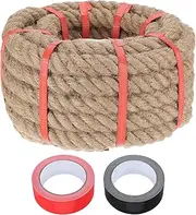 sourcing map Jute Rope 1 Inch x 30ft, Heavy Natural Thick Twisted Rope with 2 Roll Tapes for Crafts Railing Docks Tug of War Swing Nautical Landscaping