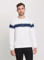 GUESS Eco Inserted Stripe Jumper in White Size: Large, Cotton