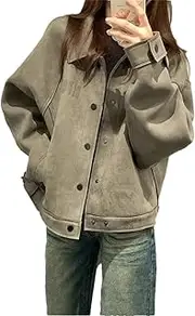 [Generic] Women Winter Neutral Wind Loose Jacket American Casual Vintage Short Suede Coat