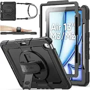 SEYMAC stock Case for iPad Air 13 Inch M3/M2 (2025/2024) with Screen Protector, Pencil Holder, 360° Rotating Hand Strap & Stand, Portable Shoulder Strap, Protective Function, Black