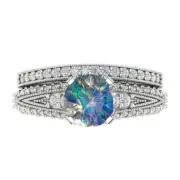 2.1 Round Cut Pave Blue Moissanite Promise Bridal Ring Band set 14k White Gold