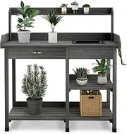 Costway Garden Potting Bench Table, Wooden Potting Work Table w/Open Shelves, Hooks, Removable Sink & Drawer, Outdoor Flower Pot Bench for Garden, Yard, Balcony, Fir Wood Structure (Grey)