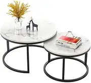 2in1 Tempered Glass Top Coffee Table Tea Side Marble Look Storage Space Shelf 80cm & 60cm