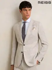 Reiss Oatmeal Ashton Slim Fit Linen Single Breasted Check Suit Blazer (AN5810) | $675