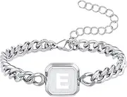 [Miss Chipmunk] Initial Bracelet Black Squre A-Z Letter Cuban Link Chain Mens Bracelets Adjustable Size Stainless Steel Men Jewelry Valentine's Day Gifts for Husband Dad Brother Son