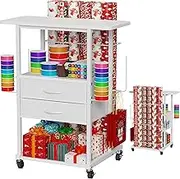 Wrapping Paper Storage Cart with 12 Rolls Wrapping Paper Organizer Holder, Rolling Craft Cart with 2 Fabric Drawer, Gift Wrapping Station with 4 Hooks Storage Ribbons and Gift Bags, Spave Saving