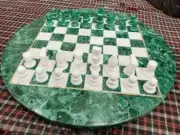Stone Chess Table Top Round Malachite, Real Malachite Stone, With Pieces Chess