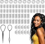 Pack of 50 silver hair accessories for braids, dreadlocks jewellery, metal hair rings, hair spirals, clips, cuff clips, dreadlock accessories, adjustable cuffs, hair beads for dreadlocks