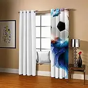 Exquisite Curtains for Kids Bedroom Blue & Football W168cm (66") x D138cm (54") x 2 3D Pattern Microfiber Blackout Fabric Eyelet Window Drapes for Kids Nursery Playroom 2 Panels
