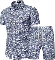 [yk8fass] Printed shirt and shorts suit md-7679 (M，Light blue), Light Blue