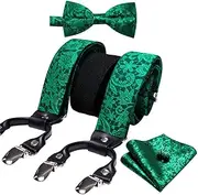 [keusyoi] Suspender for Men Solid Silk Bowtie Set Cufflinks Elastic Wedding Suspender 6 Clips Red Bow Tie for Christmas Party