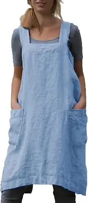 Cotton Linen Apron Cross Back Apron for Women with Pockets Pinafore Dress