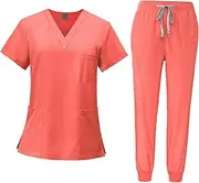 [kowaku] Women Uniform Scrubs Set, Short Sleeve Nurse Top and Joggers Pants