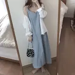 韓國CHIC風吊帶棉麻素色寬鬆洋裝