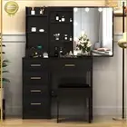 Black Vanity Makeup Table w/10 Dimmable LED Lighted Mirror Dressing Desk & Stool